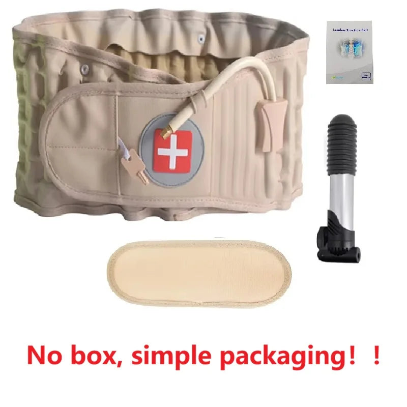 Beige inflatable lumbar traction belt with hand pump, manual, and soft pad for lower back support and decompression.