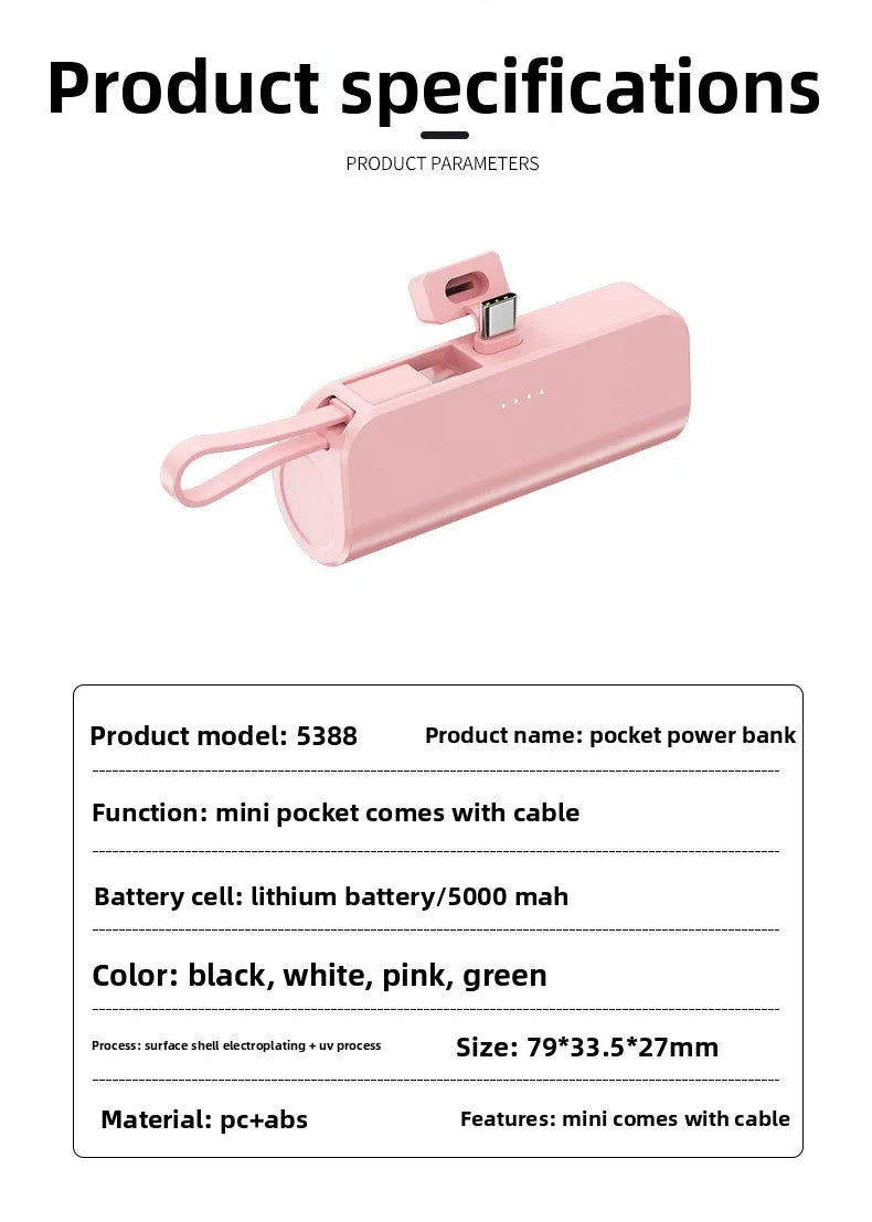 Portable Charger 5000mAh with Built-in Cable - Compact Fast Power Bank Tidesmit