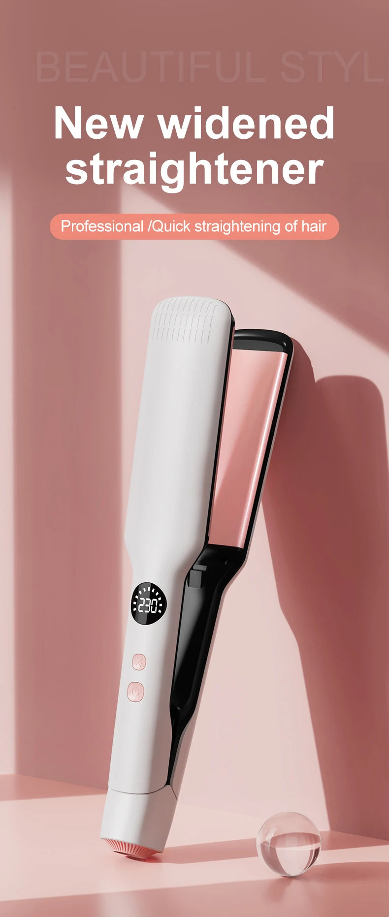 White wide-plate hair straightener with pink ionic plates, digital temperature display, and sleek professional design.