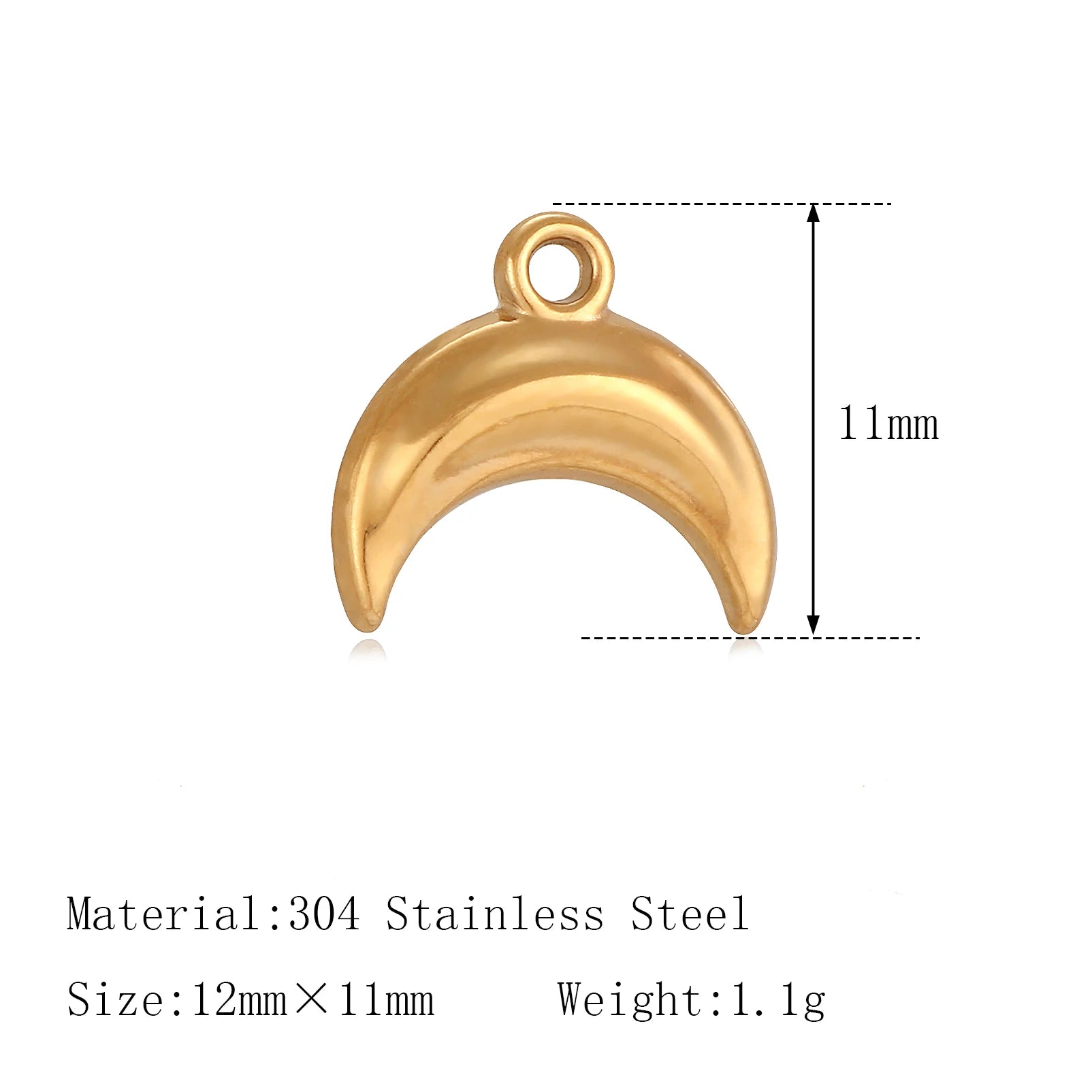 Gold stainless steel moon charm pendant for DIY pet jewelry making, 12x11mm dainty necklace or bracelet charm.