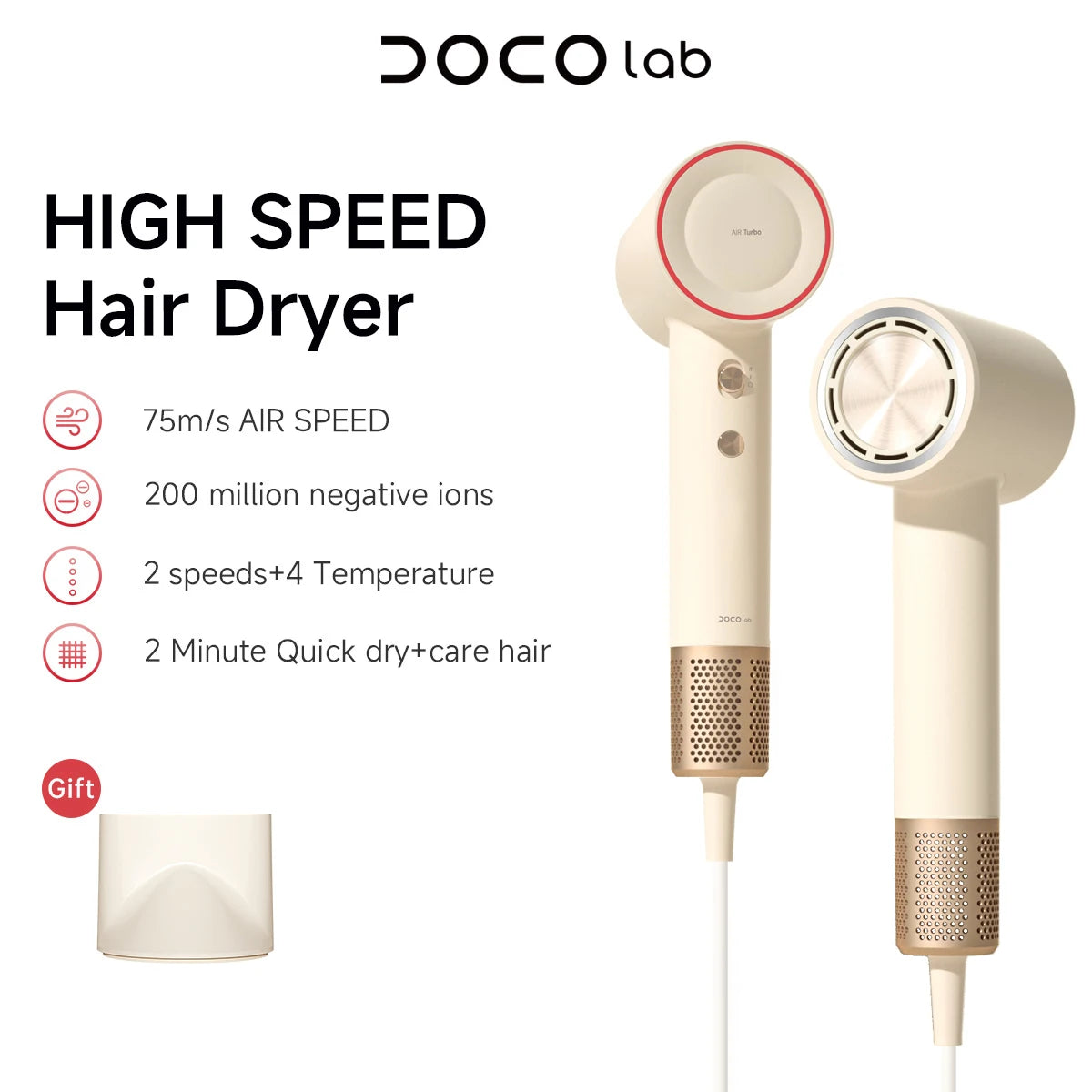 Cream and gold DOCO high-speed ionic hair dryer with magnetic nozzle attachment for fast, salon-quality hair drying.