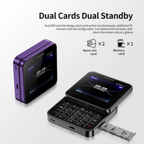 Purple SERVO AUAR11 square slider phone, dual SIM slots, 2.4-inch display, keypad view, mobile phone features.