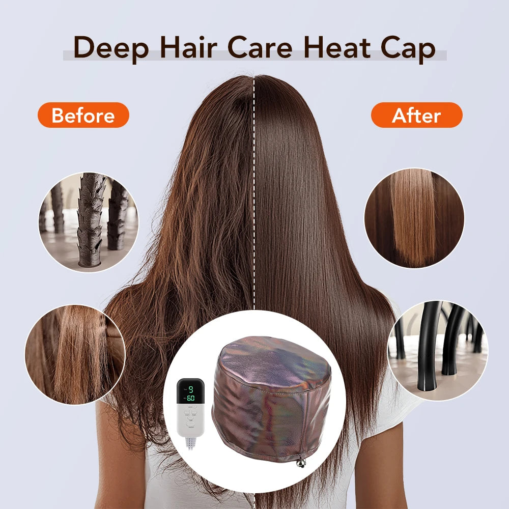 Metallic brown deep conditioning thermal heat cap with 9-level temp control for salon-quality hair spa treatments.