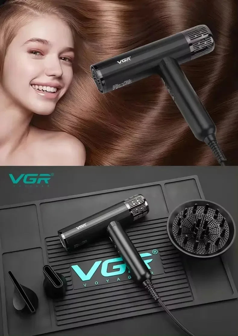 VGR V-427 professional black brushless ionic hair dryer with diffuser and styling nozzle attachments.