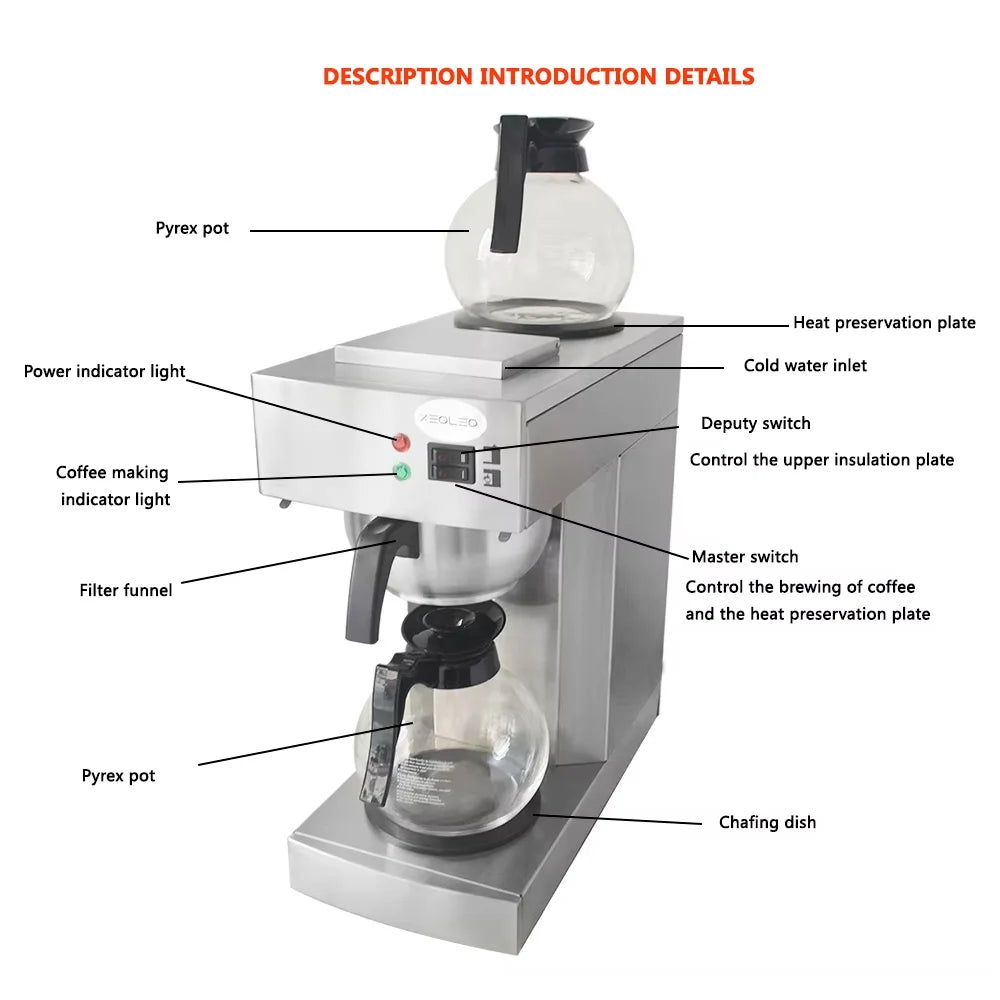 Zeoleo commercial stainless steel coffee maker with two Pyrex glass pots, heating plates, and control switches.