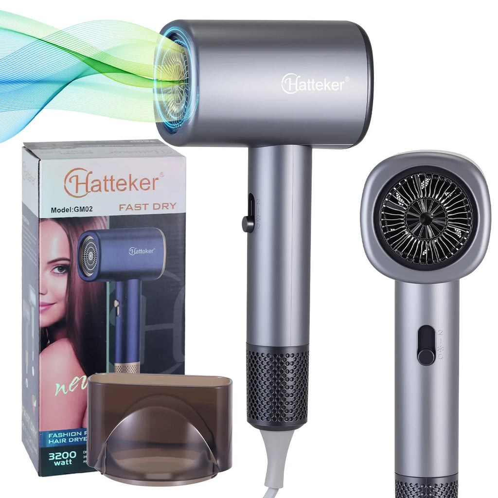 Grey professional Hatteker hair dryer with nozzle attachment, 6-level heat control, and powerful fast-dry design.