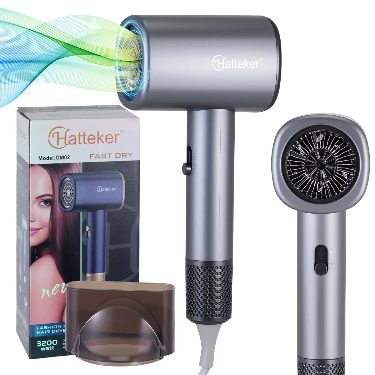 Grey professional Hatteker hair dryer with nozzle attachment, 6-level heat control, and powerful fast-dry design.