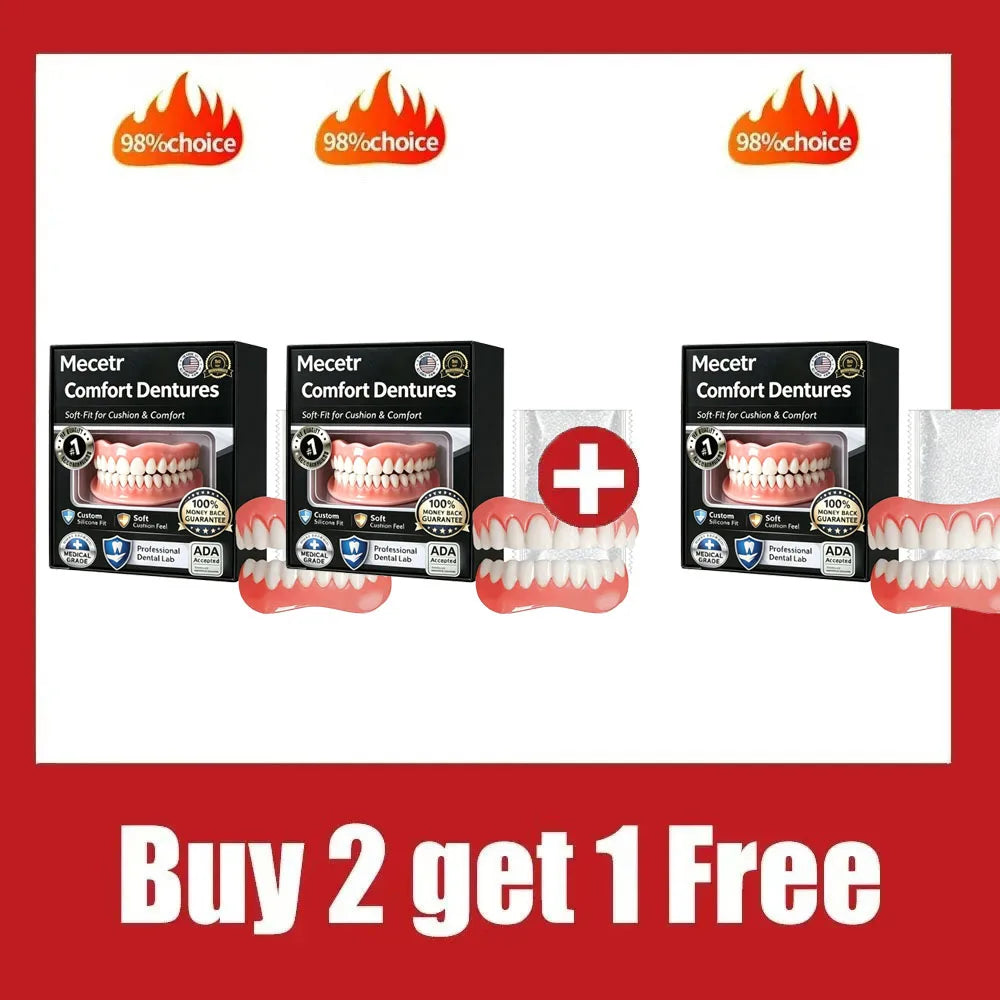 The image provided displays adult dental products (dentures), not baby teething toys. Therefore, the requested keywords are not applicable. 

**Alt text:** Mecetr comfort silicone denture set, pink and white, professional dental kit, buy 2 get 1 free offer.