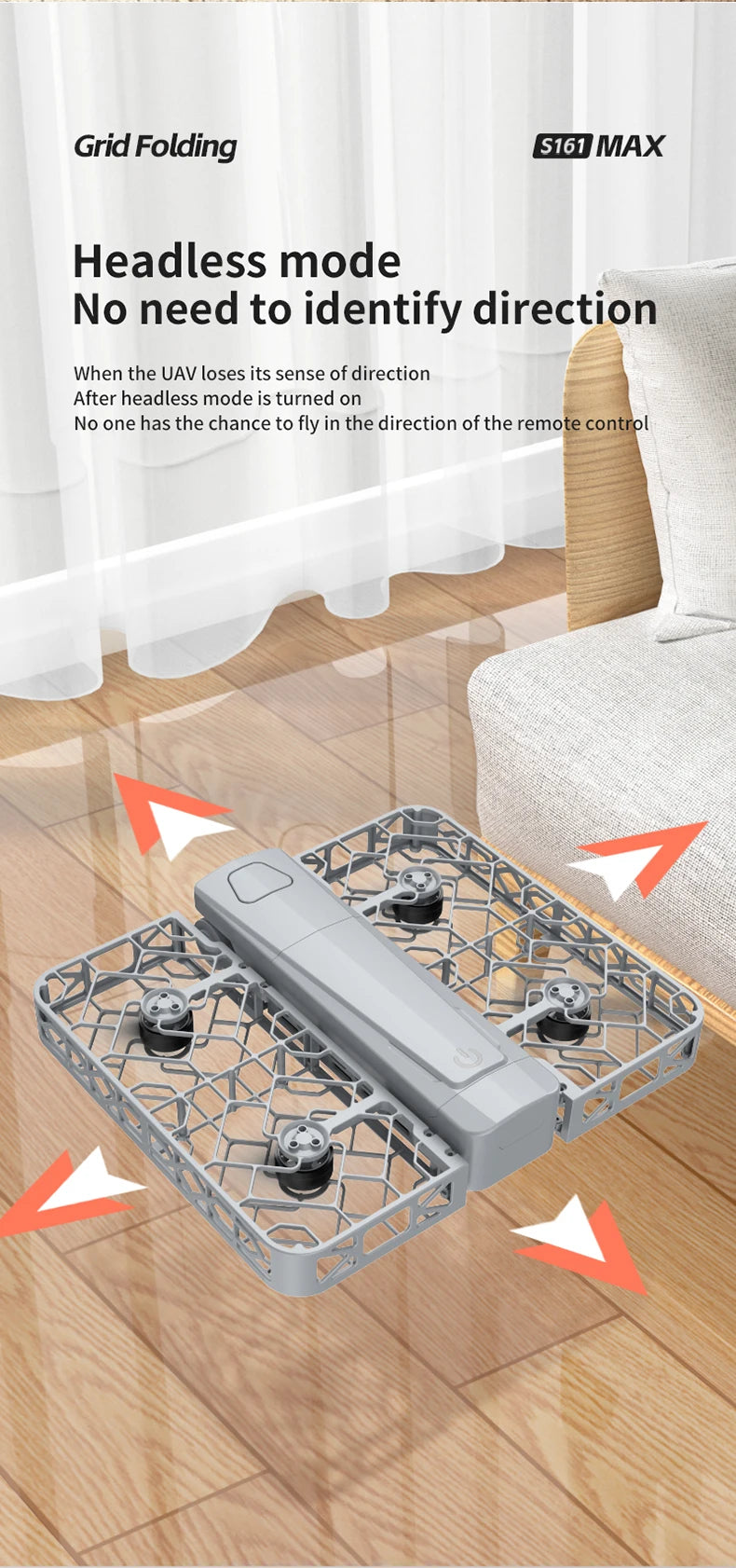 S161 MAX foldable grey plastic drone with protective grid guards, positioned on a wooden floor for indoor flight.