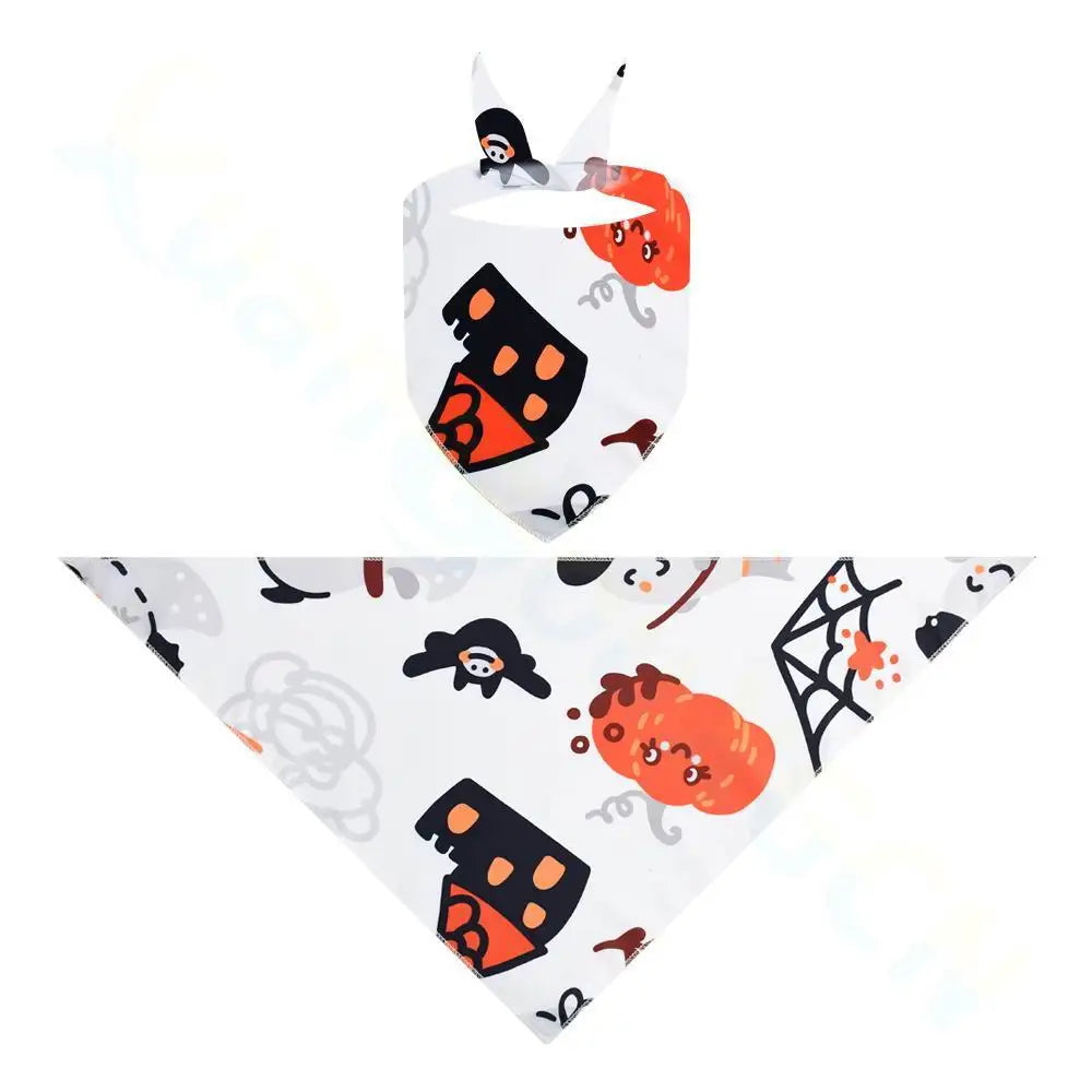 Cute white dog and cat Halloween bandana with pumpkin and bat print for festive pet costume decoration.