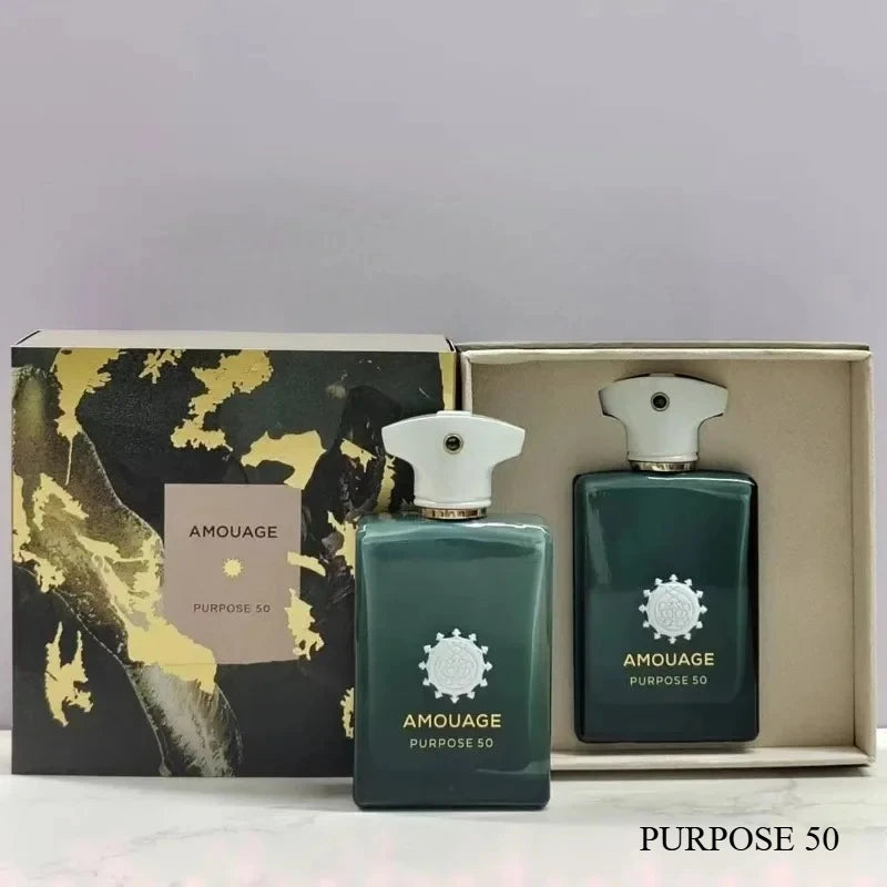 Amouage Purpose 50 EDP: Rectangular forest green bottle, white cap, luxury woody masculine fragrance set.