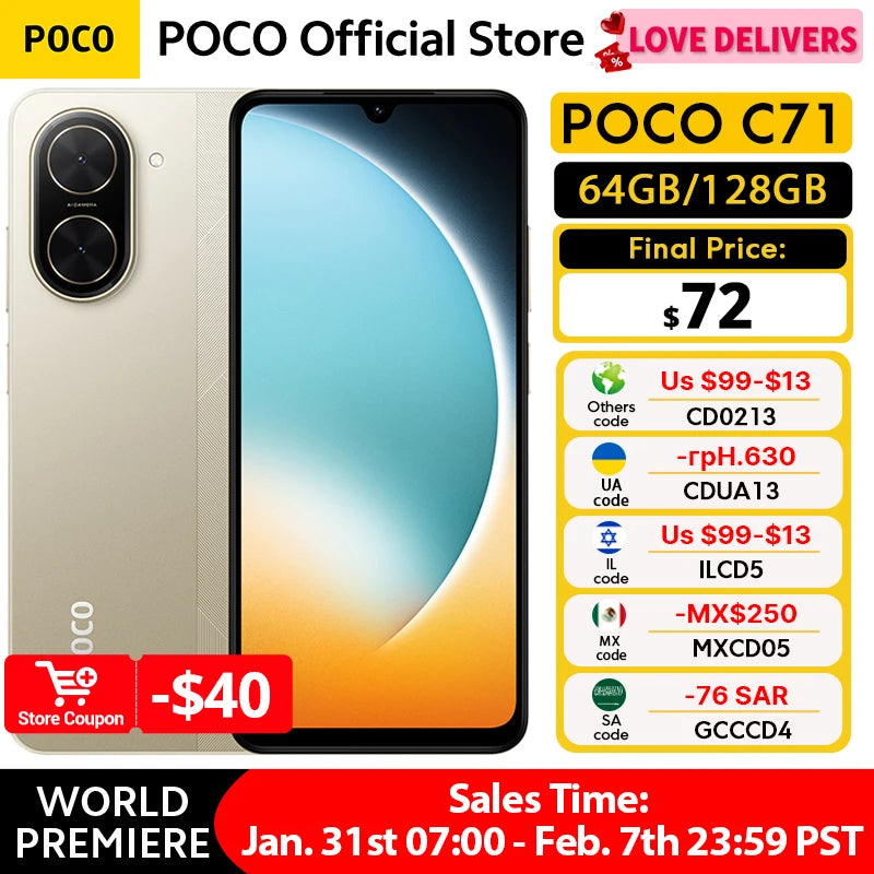 Xiaomi POCO C71 5G Smartphone - 5200mAh Battery, 32MP Camera, Black AE Tidesmit