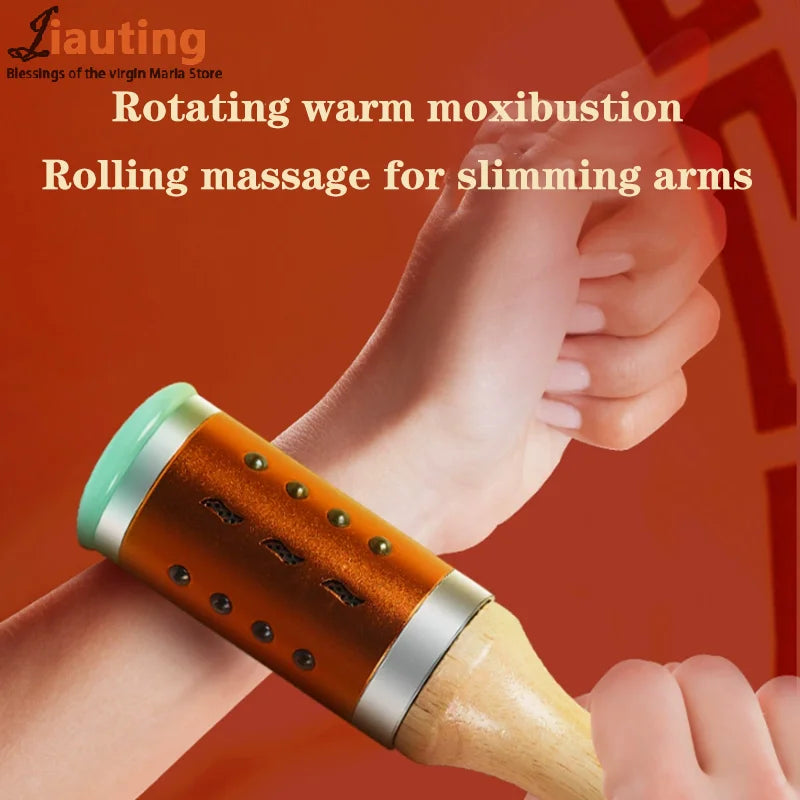 Handheld warm jade massage roller for arm slimming and moxibustion therapy with wooden handle and metal accents.