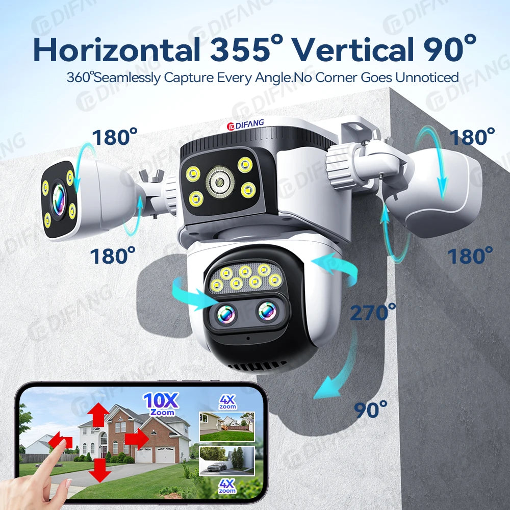 10K Outdoor 10X Optics Zoom WiFi6 Camera 20MP Three screen Four Len PTZ Automatic Tracking 6K Dual Lens Waterproof Security CCTV