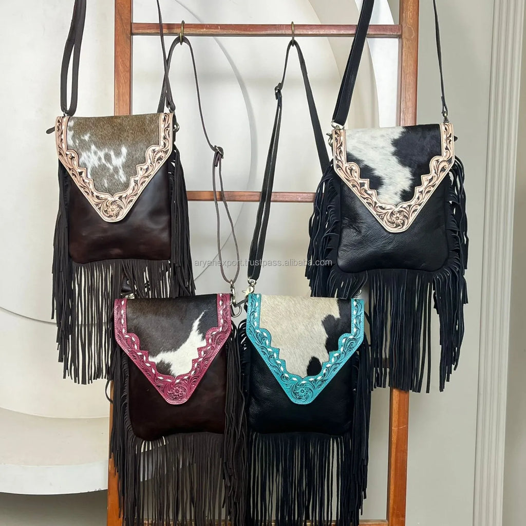 2026 Luxury Trending Designer Floral Tooled Cow Leather Fringe Crossbody Handbag for Women Genuine Leather Vintage Shoulder Bag