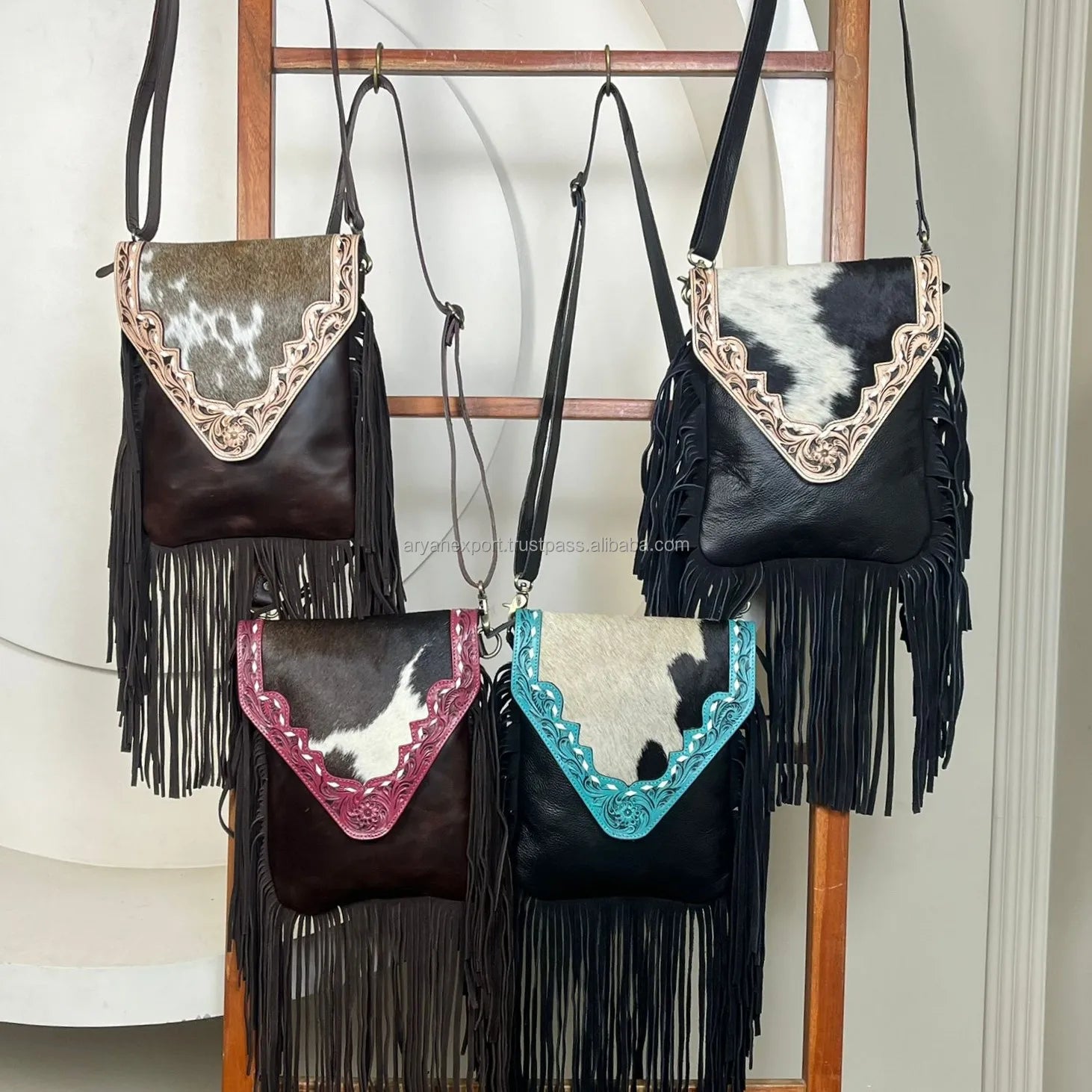 2026 Luxury Trending Designer Floral Tooled Cow Leather Fringe Crossbody Handbag for Women Genuine Leather Vintage Shoulder Bag