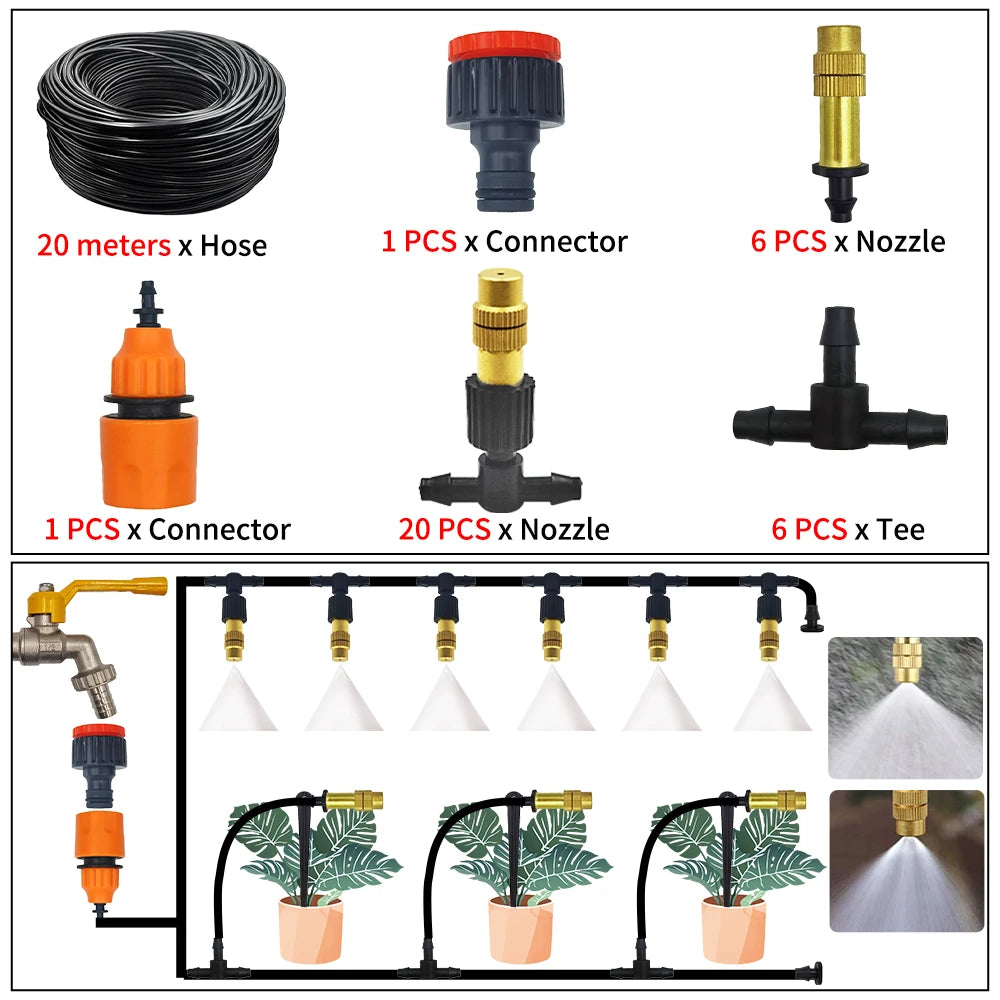 Garden misting kit parts: black hose coil, brass nozzles, connector, and tee fittings