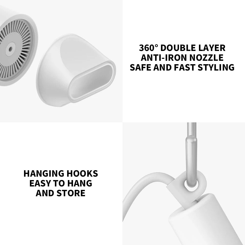 White Xiaomi Mijia H300 hair dryer features 360-degree nozzle attachment and convenient storage hanging hook.