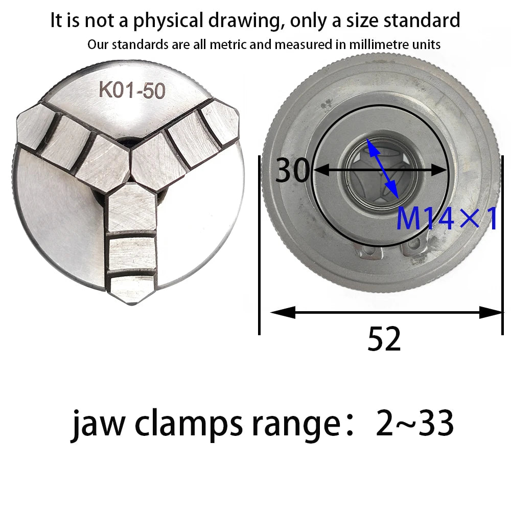 Mini chuck size diagram for K01-50, M14x1 thread with jaw layout, 52mm