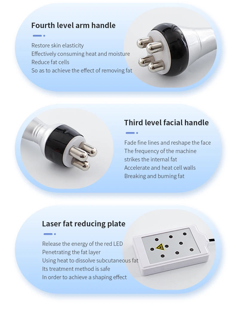 Two black and silver multi-polar handles and a white rectangular LED laser plate for body slimming and skin treatment.