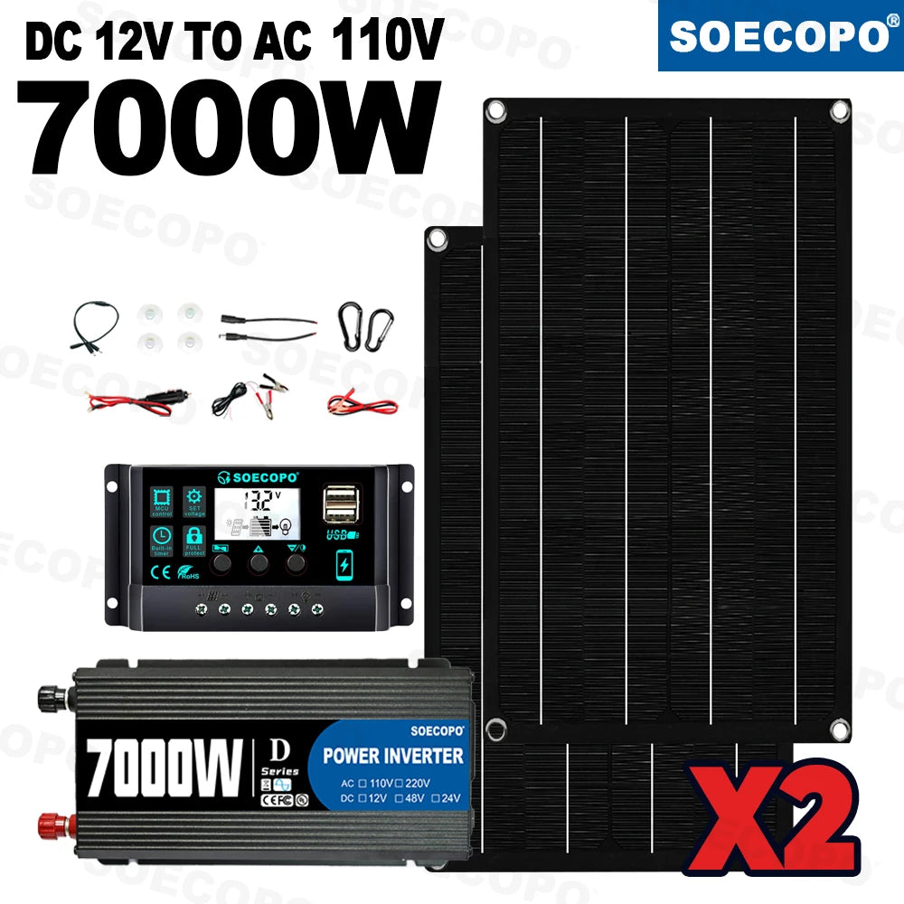 SOECOPO 7000W Peak Solar System Kit 2x800W Panels 100A Controller DC 12V To AC 110V 220V Inverter Generator for Home Camping