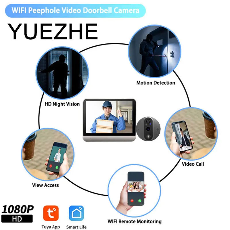 Yuezhe Tuya 3MP Peephole Smart WiFi Doorbell with Camera 4.3inch 1080P Eye 5000mAh PIR Motion Alarm Alexa Bell for Home