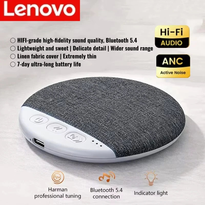 Lenovo mini Bluetooth sleeping speaker with dark gray fabric top and white side controls