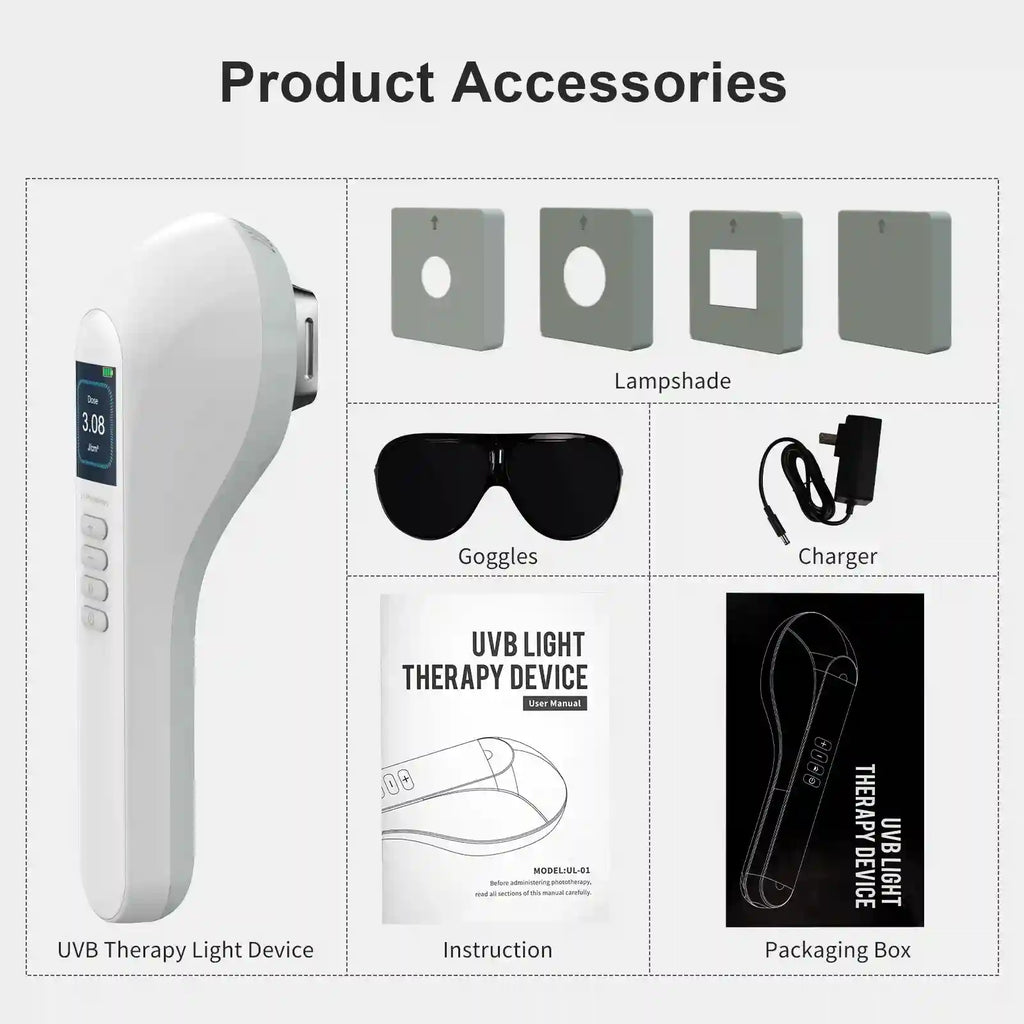 Handheld white UVB therapy device, four plastic lamp shades, protective goggles, charger, manual, and packaging box.