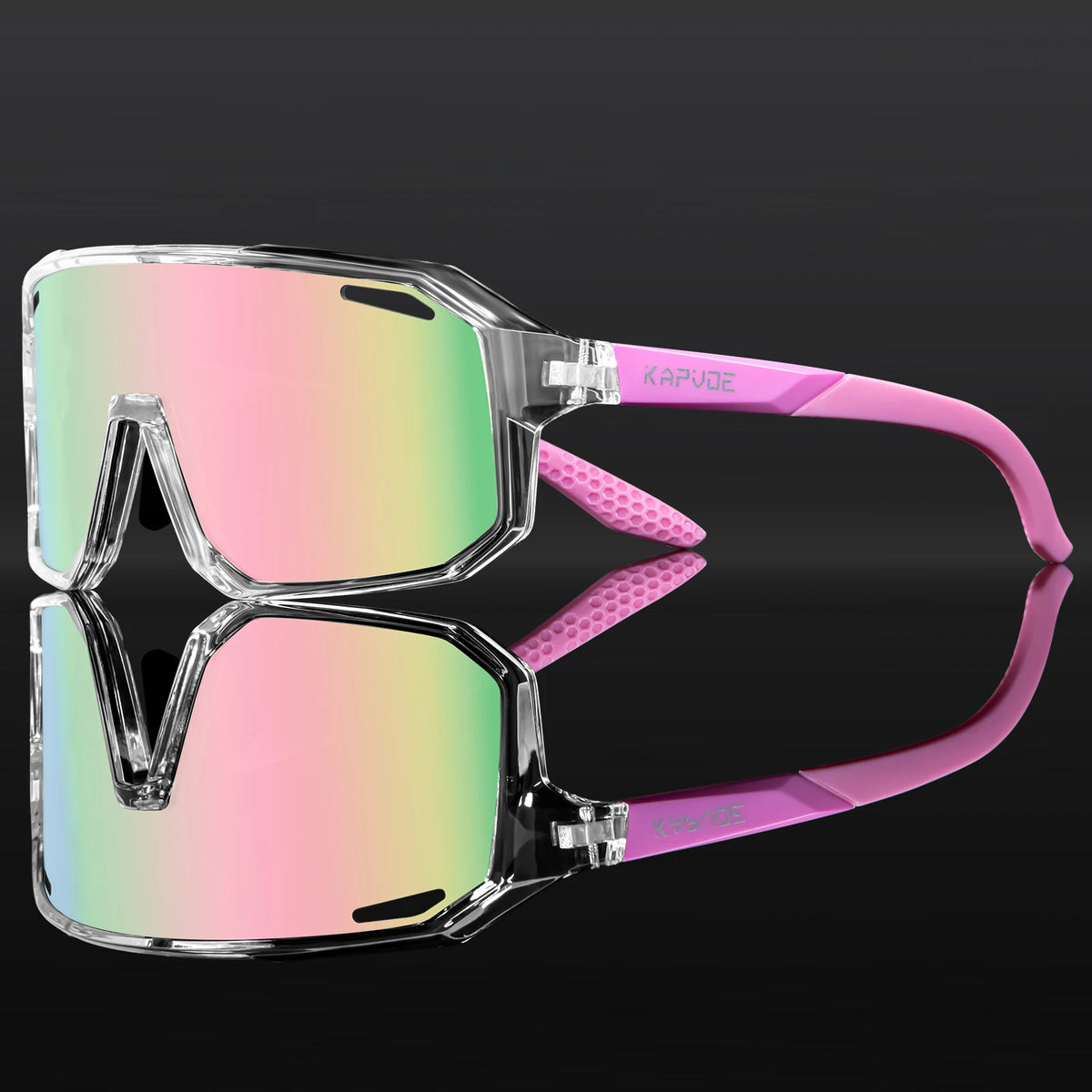 Sport sunglasses for kids with pink mirrored lenses and clear frame with purple side arms