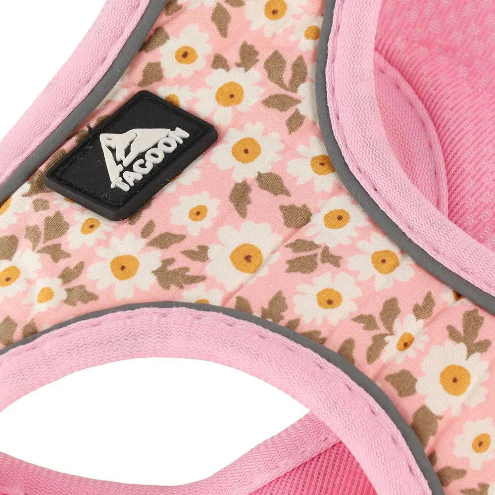 Pink floral anti-escape dog and cat harness, breathable mesh, reflective safety strips for small pets like bulldogs.