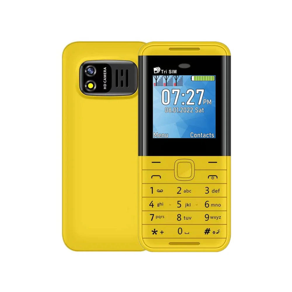 Compact triple SIM mini smartphone in yellow with keypad and front display