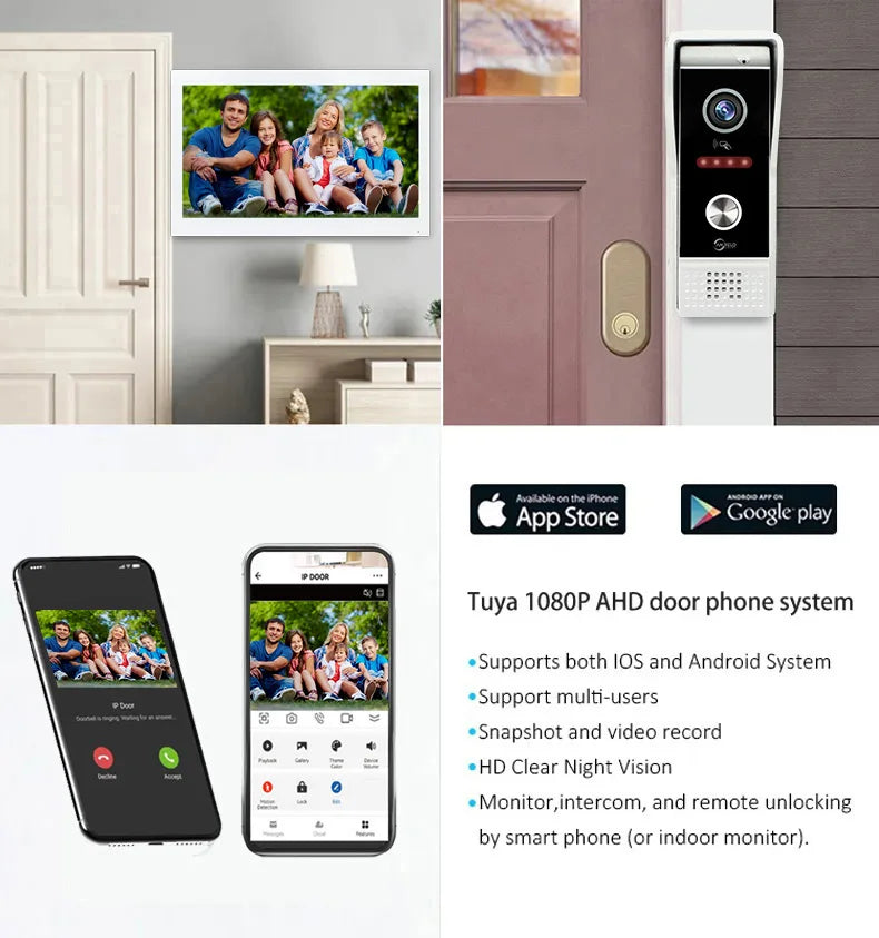 NEW TUYA 7/10 Inch WiFi 1080P Four Wire System Video Intercom Smart Home APP Wireless Video DoorPhone RFID Access Control System