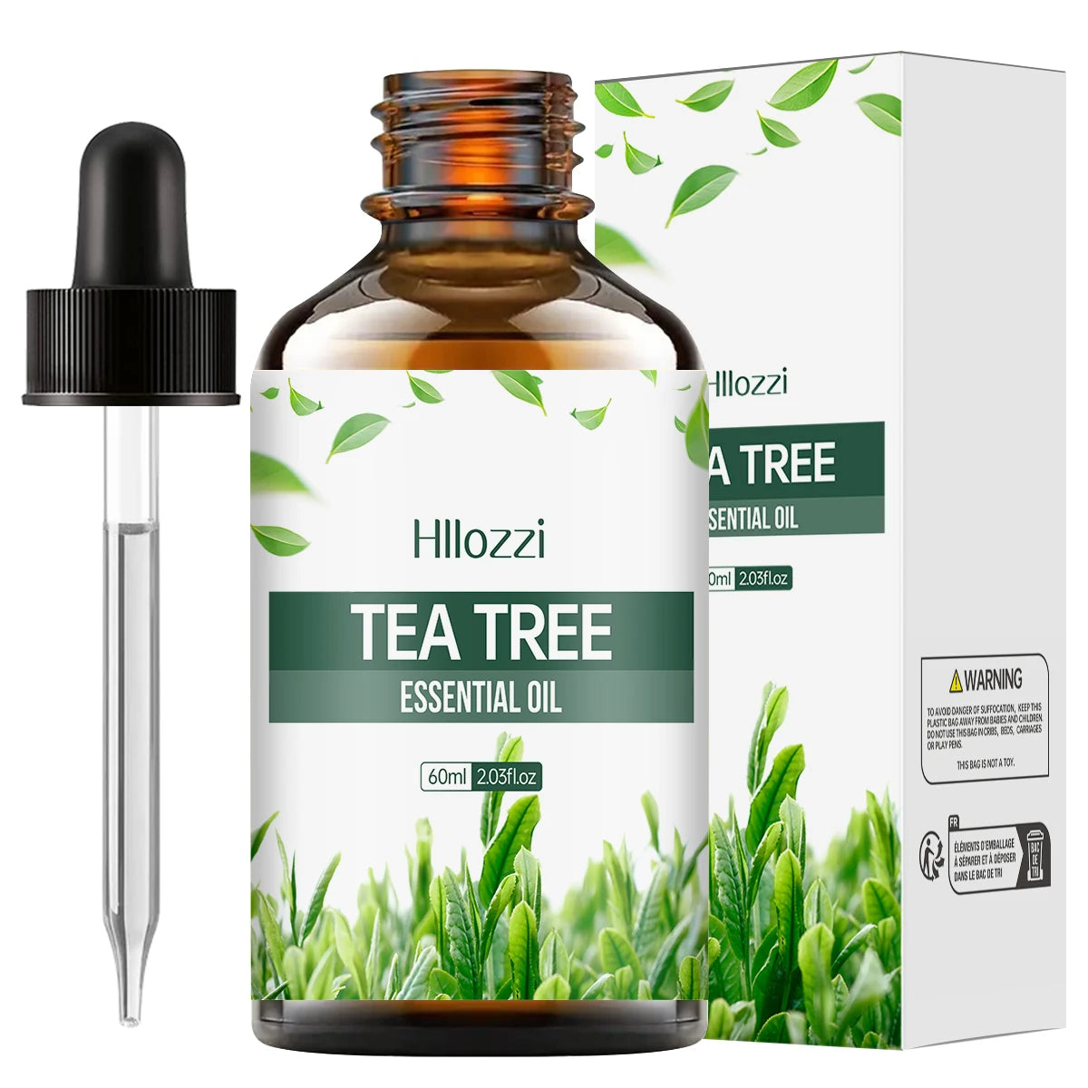 Tidesmit organic tea tree essential oil for facial, body, and hair care hydration in 30ml, 60ml, and 100ml bottles.