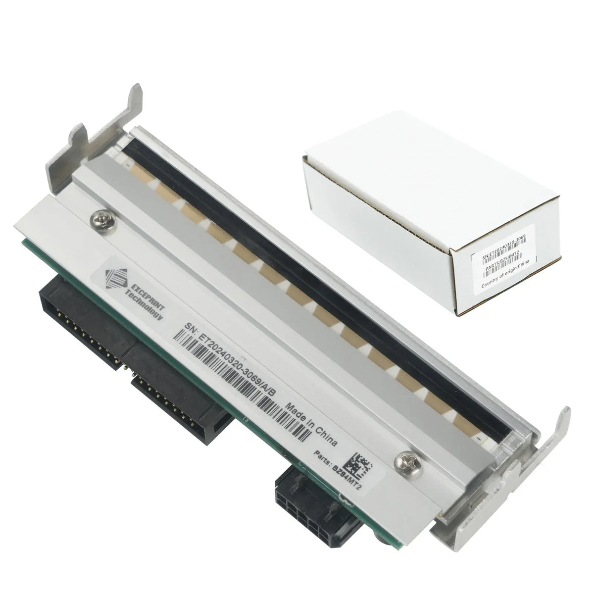 Thermal printhead with barcode label, black ribbon window, and wiring connectors