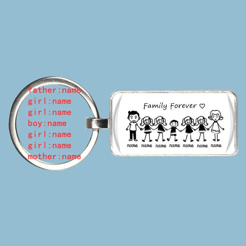 Custom personalized family keychain with engraved stick figure illustration, perfect for meaningful family gifts.