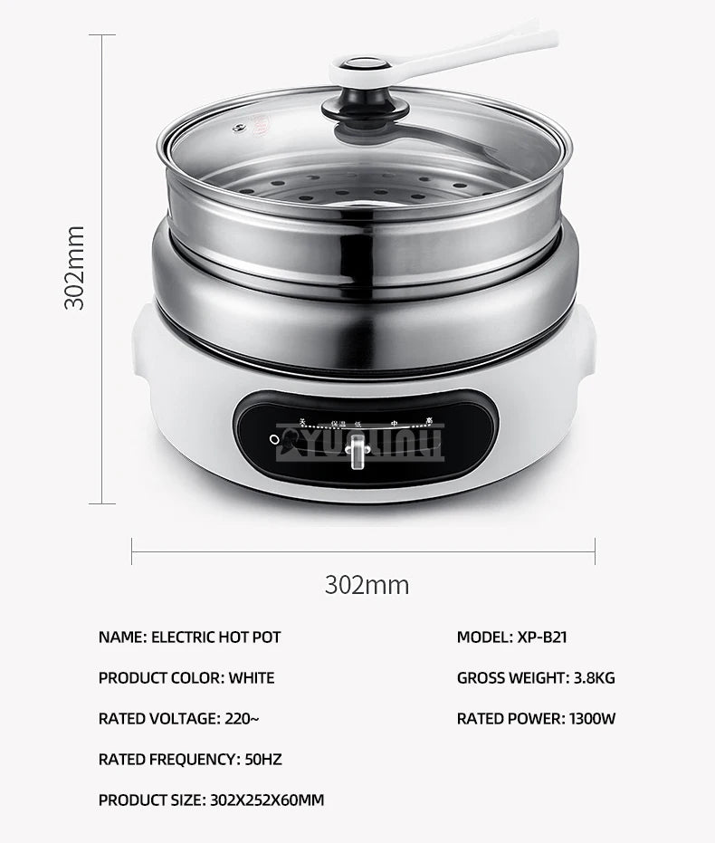 Electric hot pot with stainless steamer insert and glass lid, black front control dial