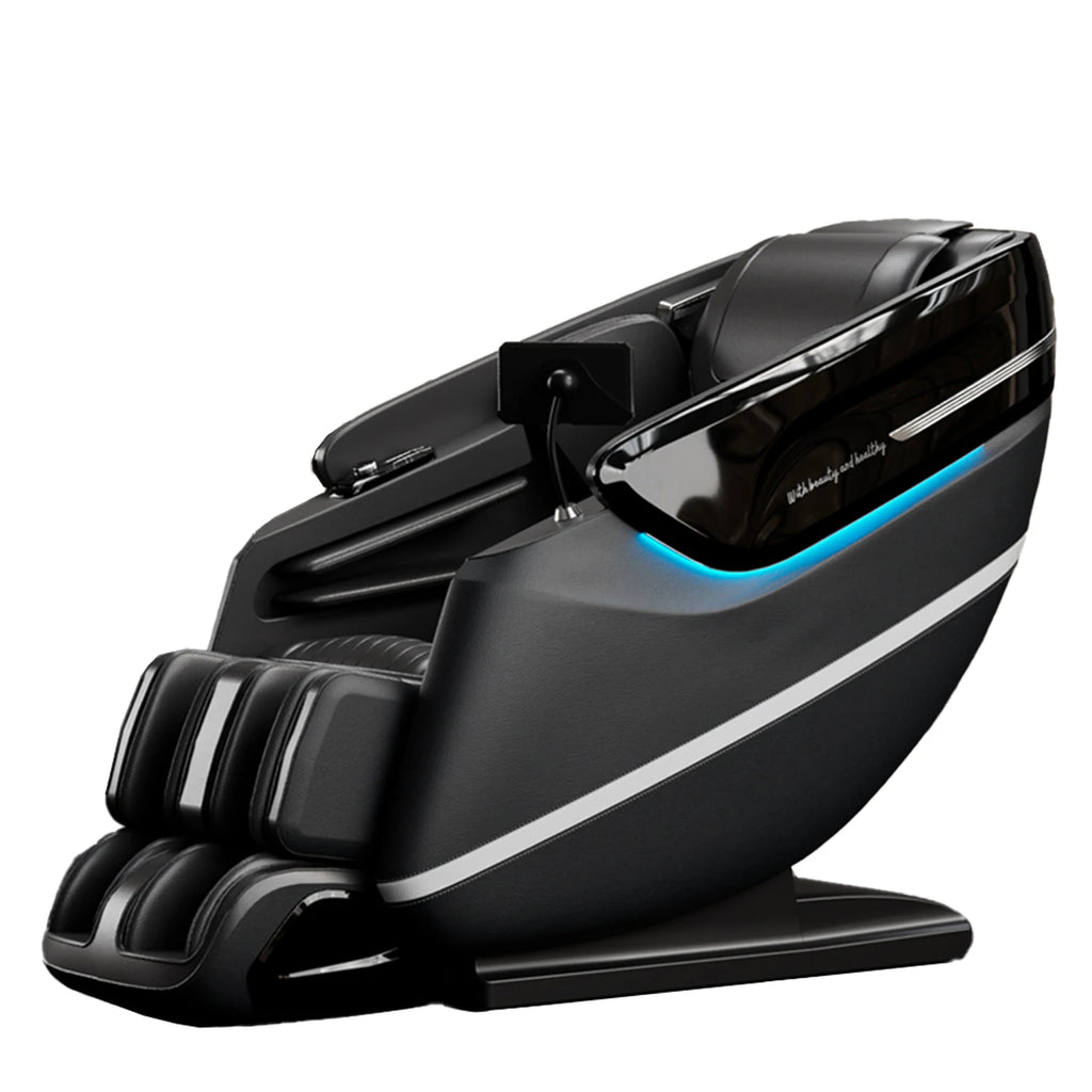 Black leather massage chair with full-body recline, integrated footrests, and glowing blue LED side accent lighting.