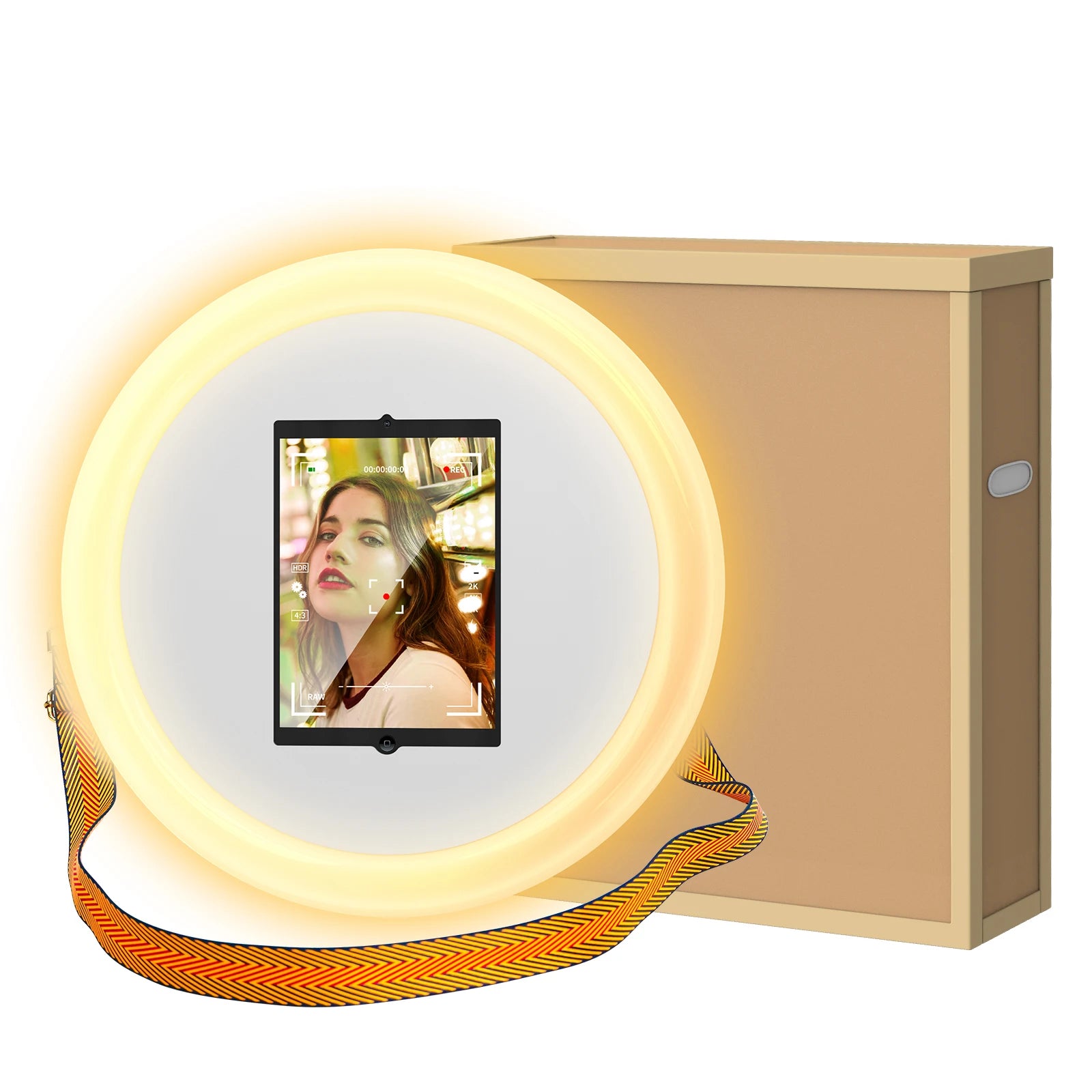 Portable iPad photo booth ring light with a glowing circular lamp, mounting slot for a tablet, and a carrying strap.