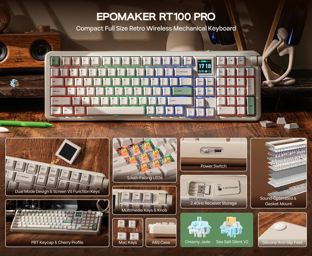 EPOMAKER RT100 PRO Full Sized ANSI US Layout Tri-mode Wireless Mechanical Gaming Keyboard with 5000mAh Battery & RGB Backlight