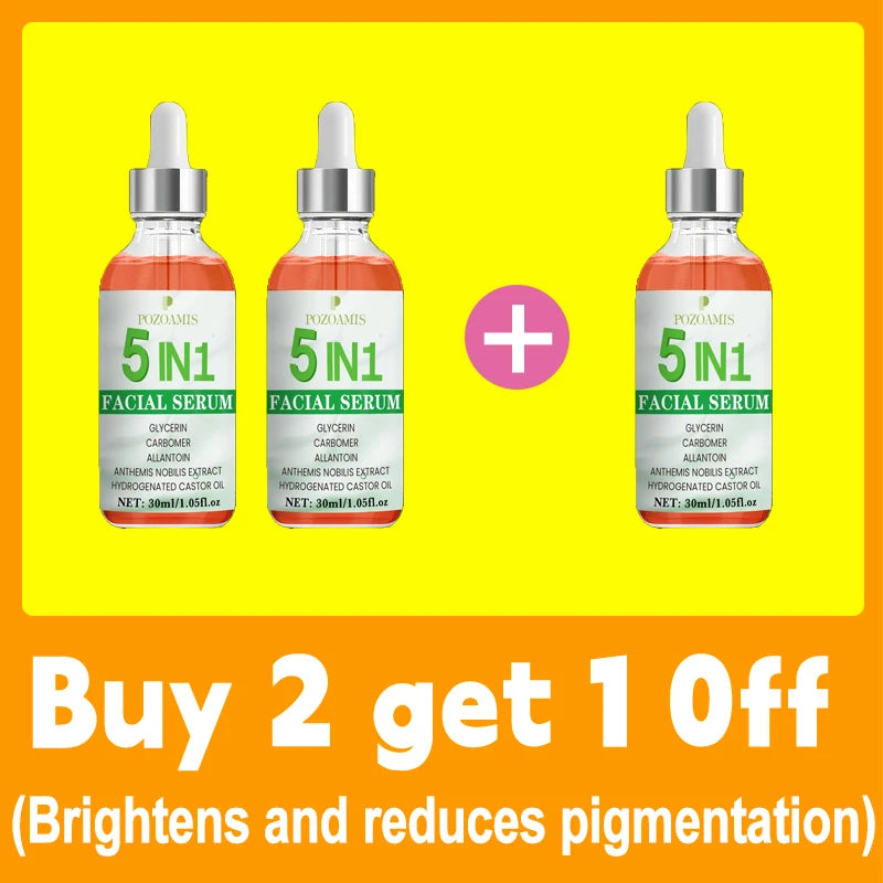 Pozoamis 5-in-1 anti-aging facial serum set, glass dropper bottles, for fine lines, wrinkles, and skin radiance.