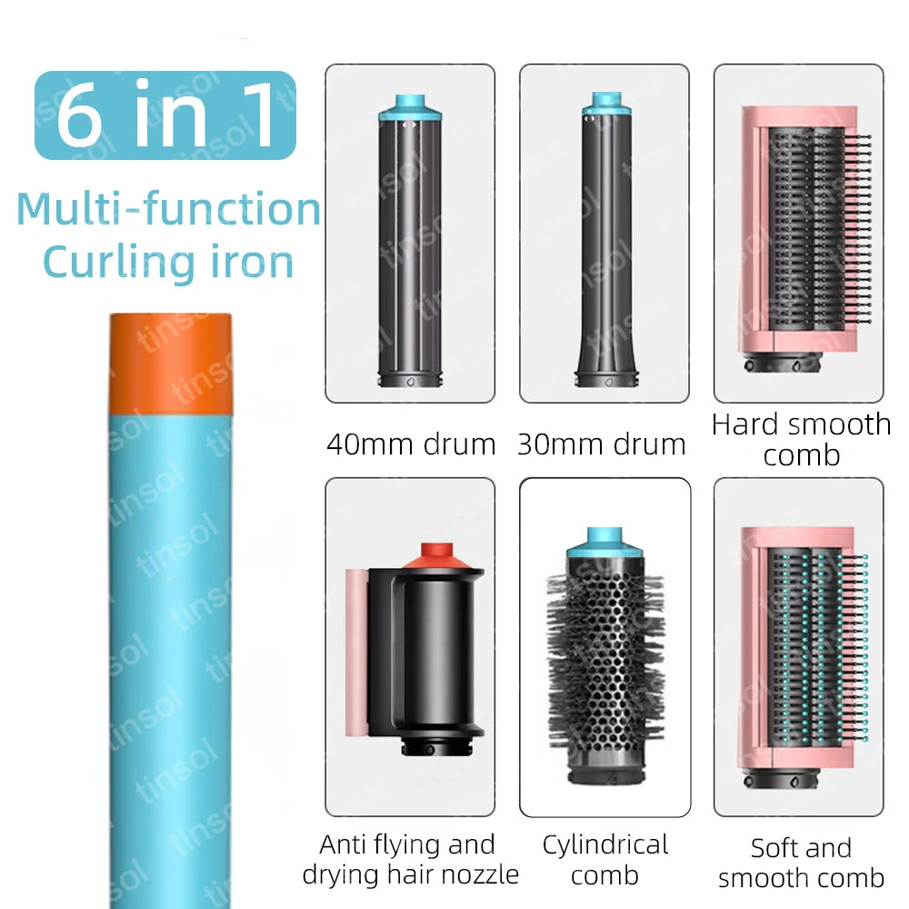 6-in-1 multifunctional hair dryer set with curling barrels, smoothing combs, and drying nozzle in blue and pink design.