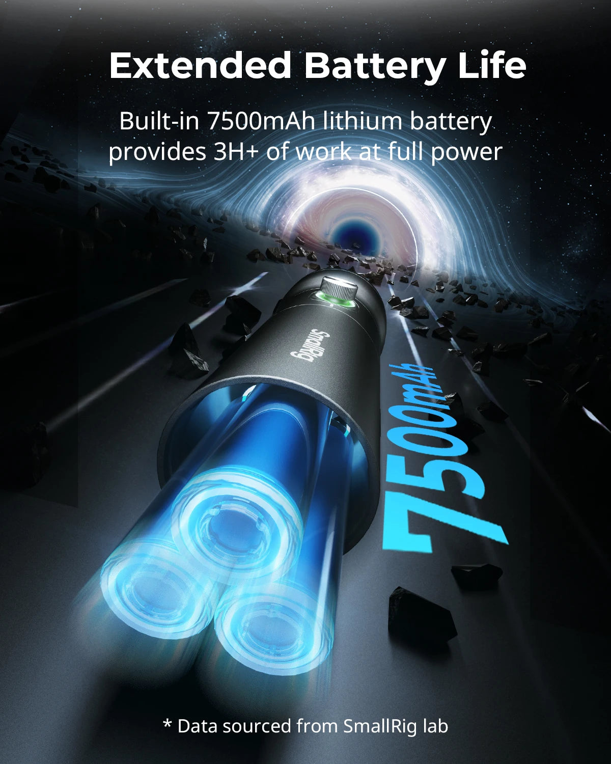 Black cylindrical handle with three glowing blue internal batteries, featuring a top control dial for power.
