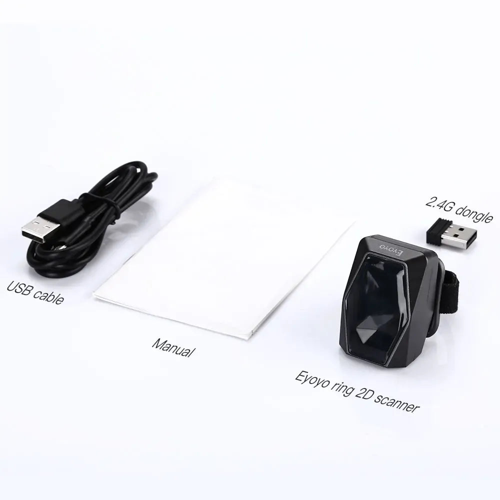 Black 2D wearable ring barcode scanner kit with USB cable, manual, and 2.4G dongle