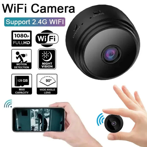 Black mini WiFi security camera front view with wide-angle lens