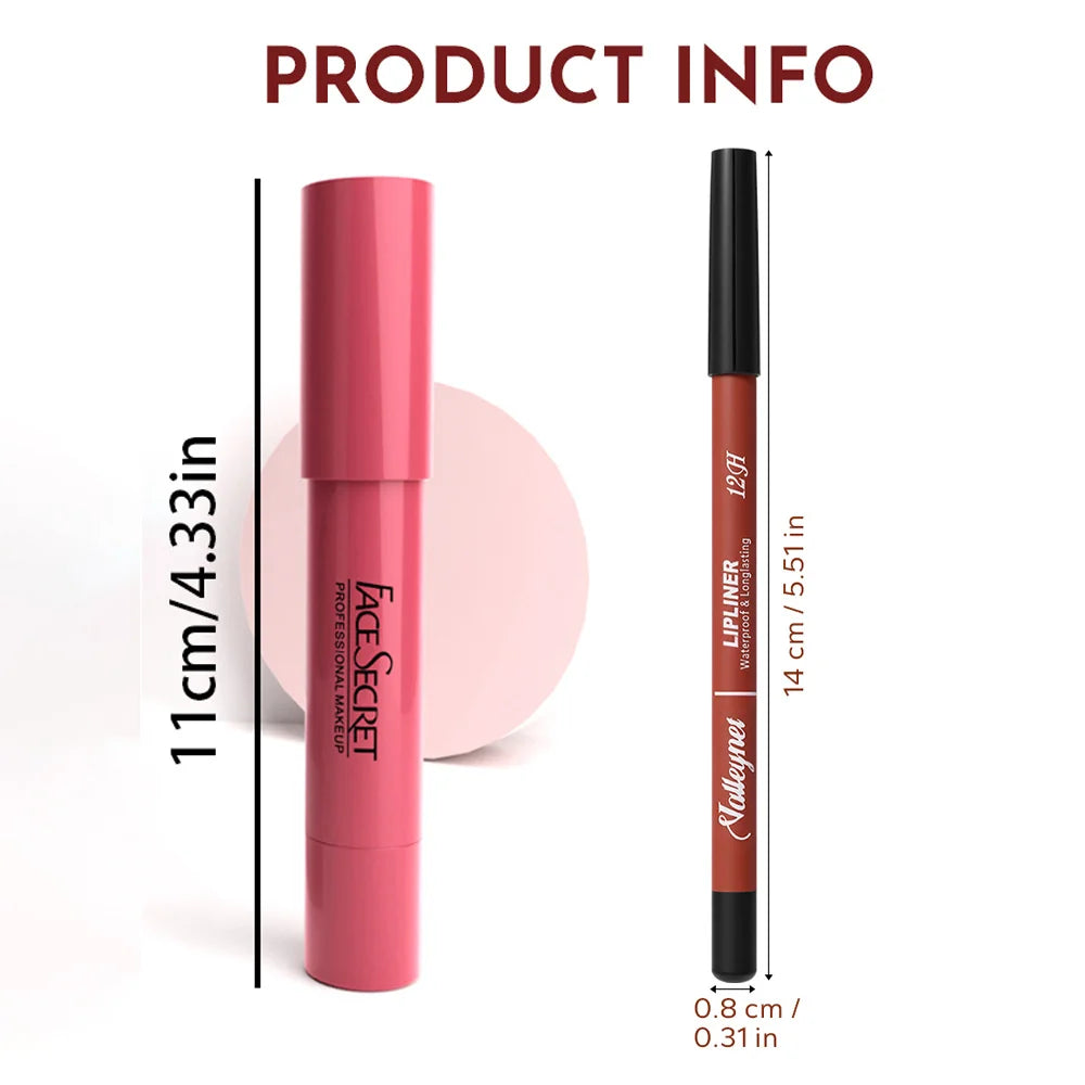 2-piece lip makeup set featuring a pink matte lipstick and waterproof brown lip liner pencil for long-lasting wear.