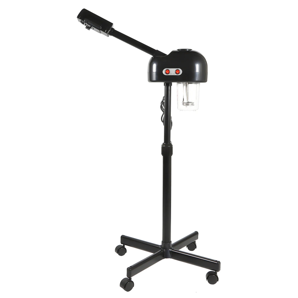 Black professional facial steamer on wheels with adjustable stand, 750ml water tank, and 800W power for spa skin care.