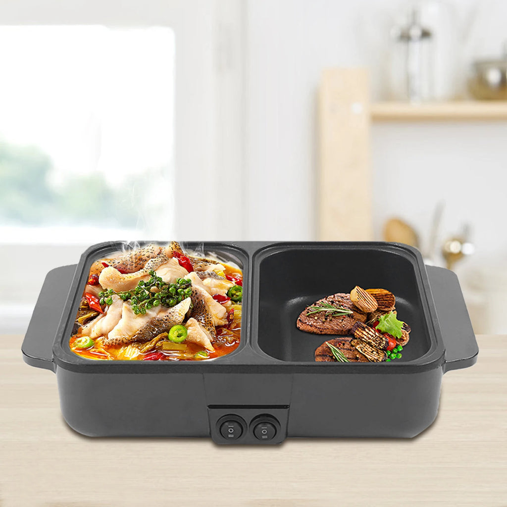 Black 2-in-1 electric hot pot and grill with dual nonstick compartments for hot meals