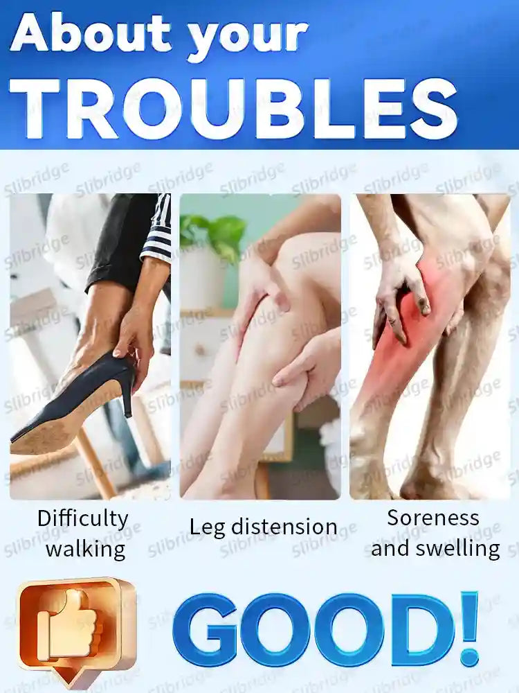 Three panels showing leg discomfort, difficulty walking in heels, distension, and red, sore, swollen legs.