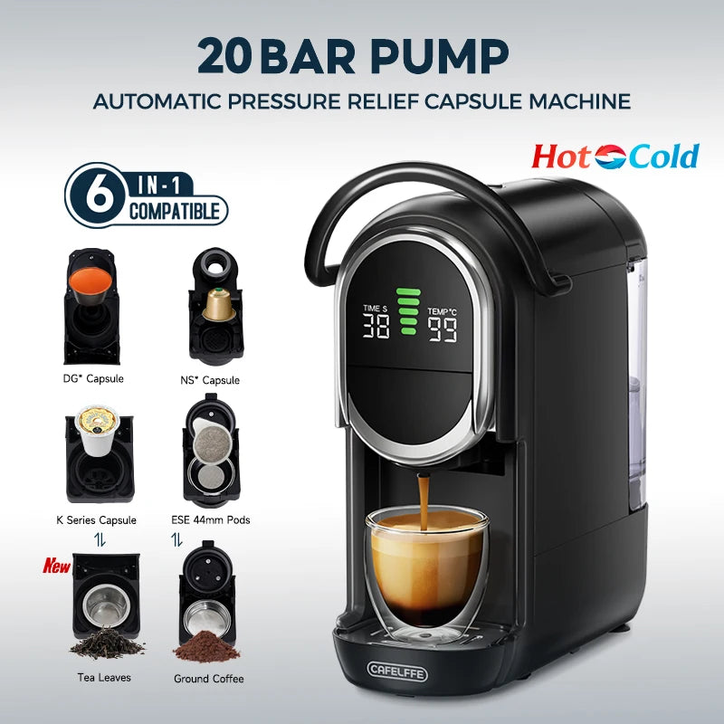 Cafelffe 20-bar 6-in-1 black capsule coffee and tea maker with digital display and hot/cold brewing capabilities.