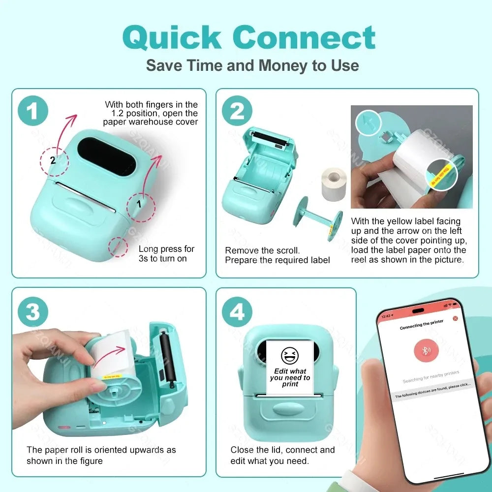 Transparent label paper installation steps shown with thermal label printer device